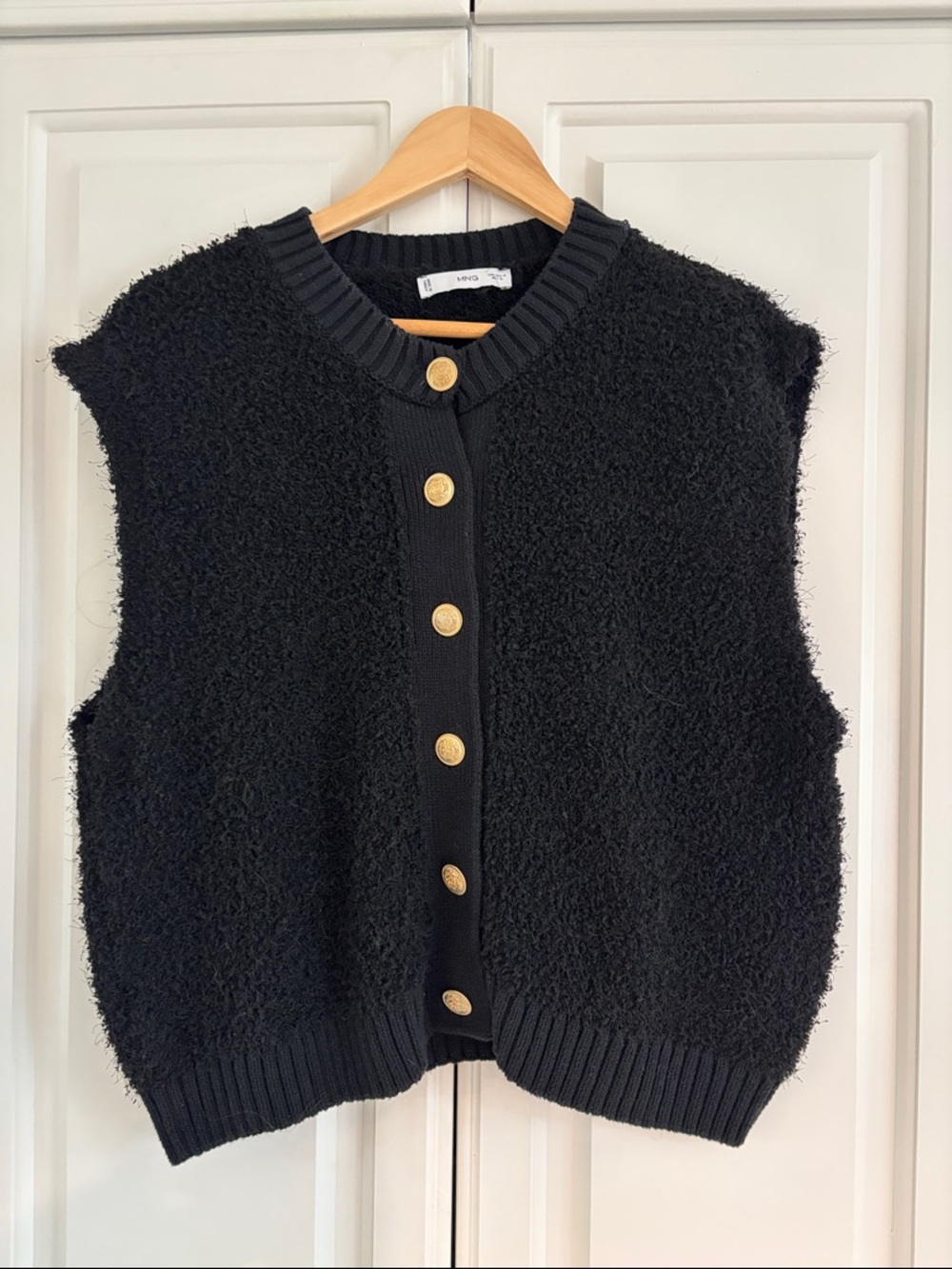 Mango Black Bouclé Button-Front Sweater Vest with Gold Buttons